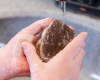 washing hands with brown goat milk soap bar
