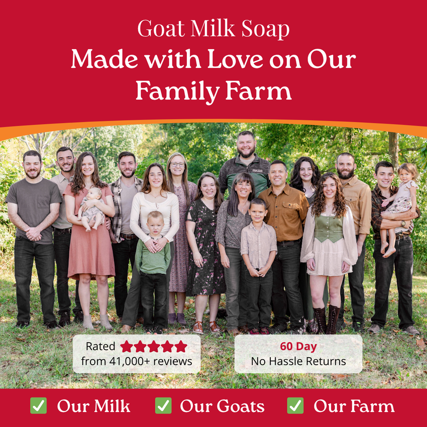 Group photo of a family on a farm with text about goat milk soap made on their farm.