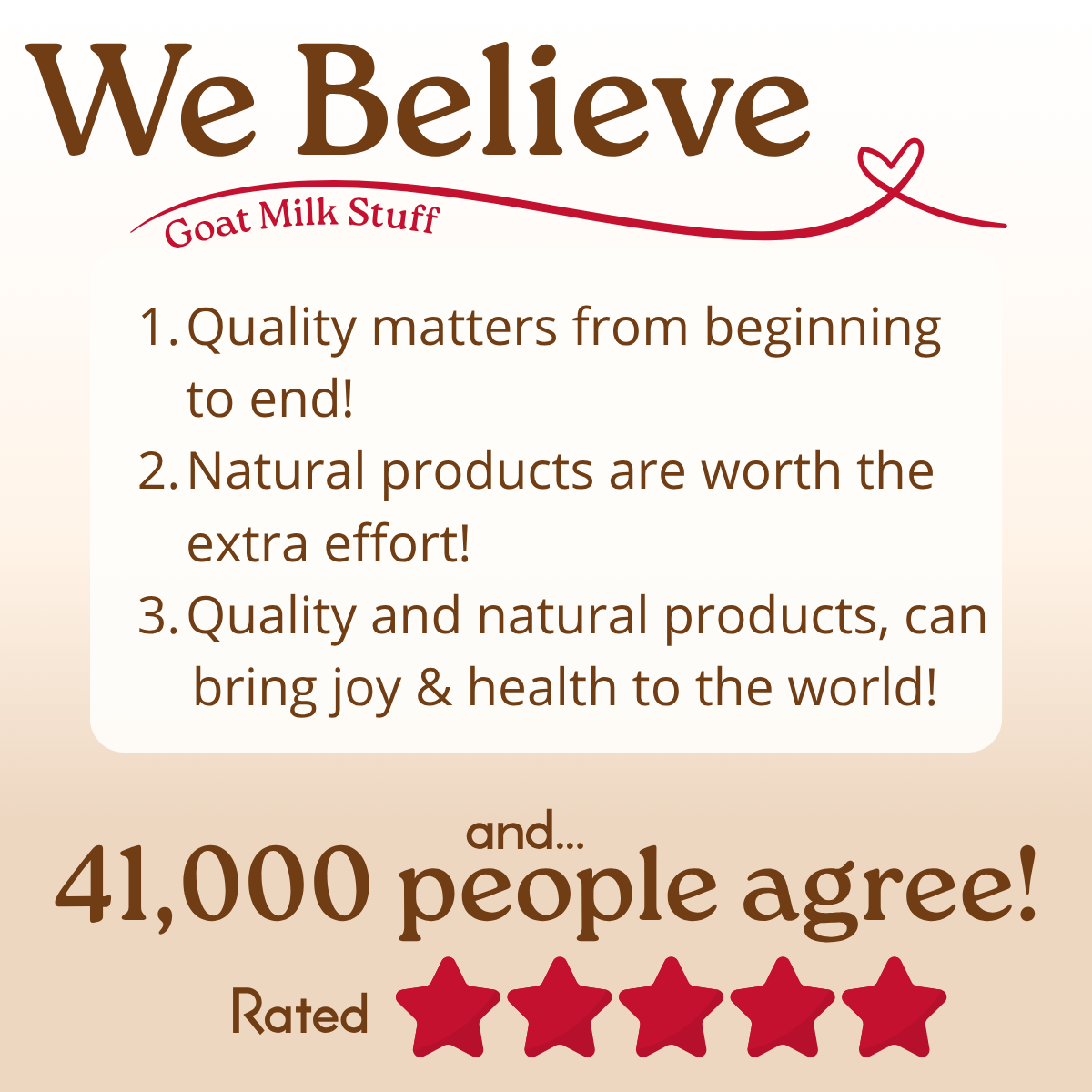 Statement of belief from Goat Milk Stuff with text and star rating on a beige background