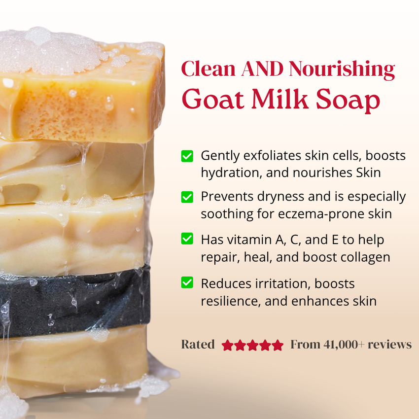 Goat milk soap with benefits listed on a beige background