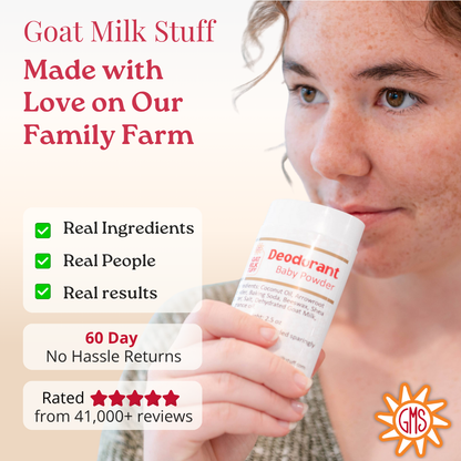 Person holding a deodorant stick with text about goat milk products made on a family farm.