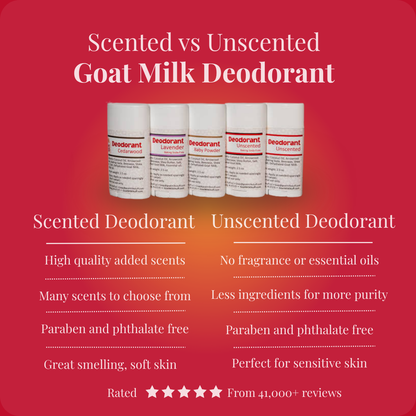 Comparison chart of scented vs unscented goat milk deodorant on a red background