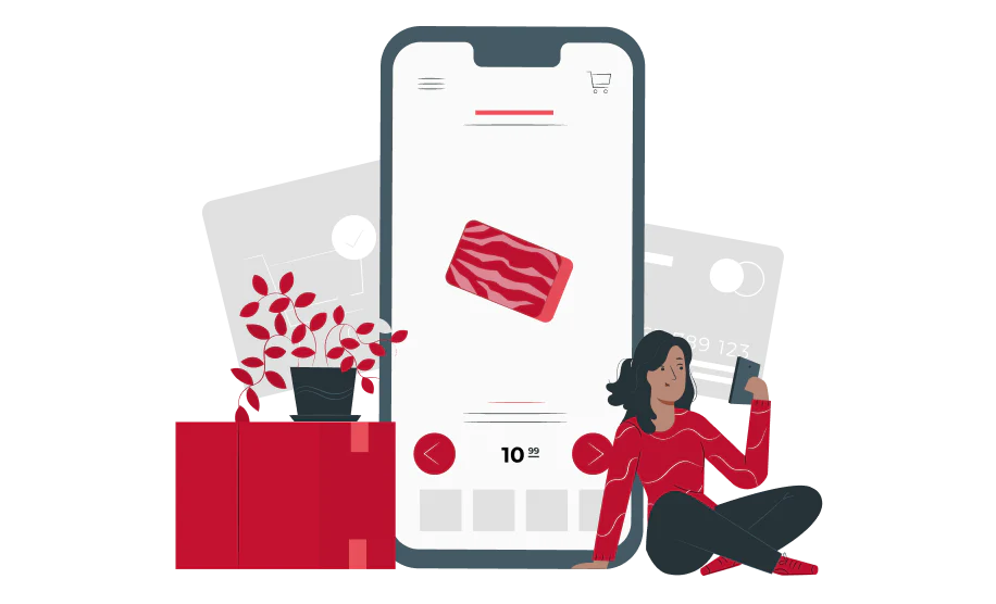 Illustration of online shopping on a mobile device with a soap product, shopping cart, credit card, and customer