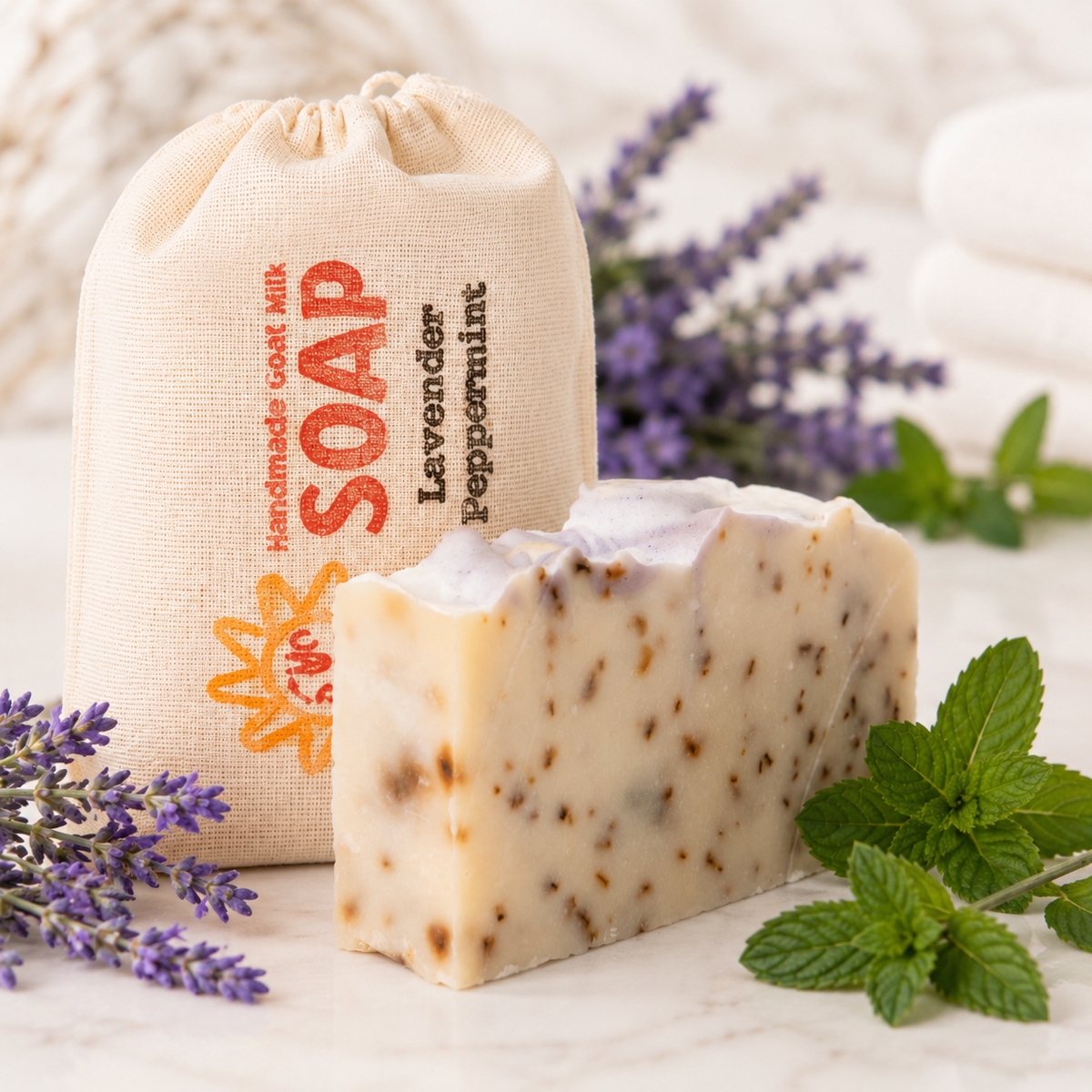 Bar of goat milk soap with a drawstring bag labeled 'Handmade Soap' and lavender flowers on a light background.