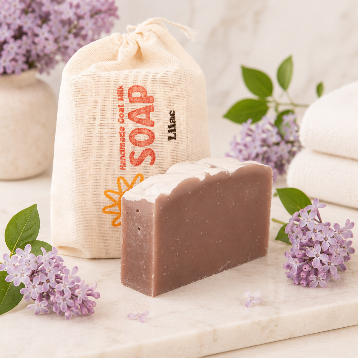 Bar of goat milk soap with a branded bag and lilac flowers on a marble surface