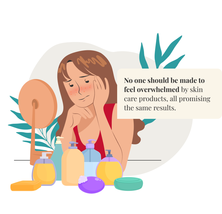 Illustration of a woman looking overwhelmed by skincare products in front of a mirror, with the text: "No one should be made to feel overwhelmed by skin care products, all promising the same results."