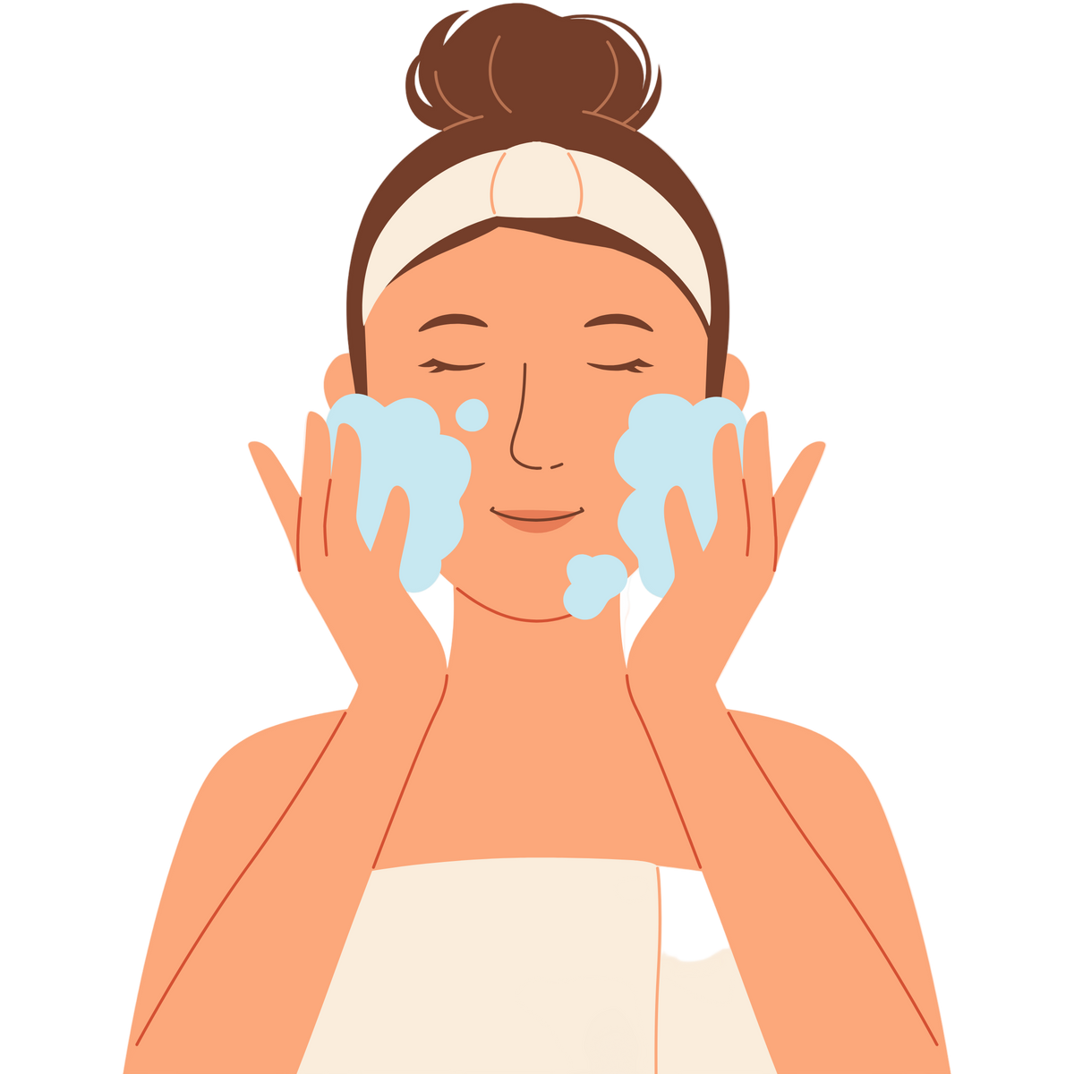 Illustration of a woman washing her face with soap bubbles on a white background