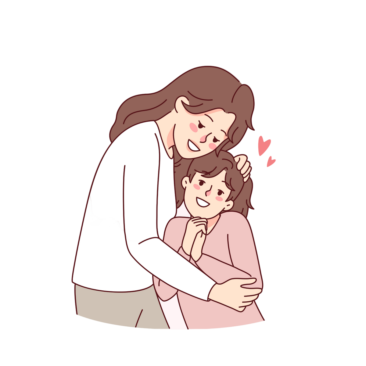 Illustration of a mother and daughter hugging with hearts around them on a light pink background