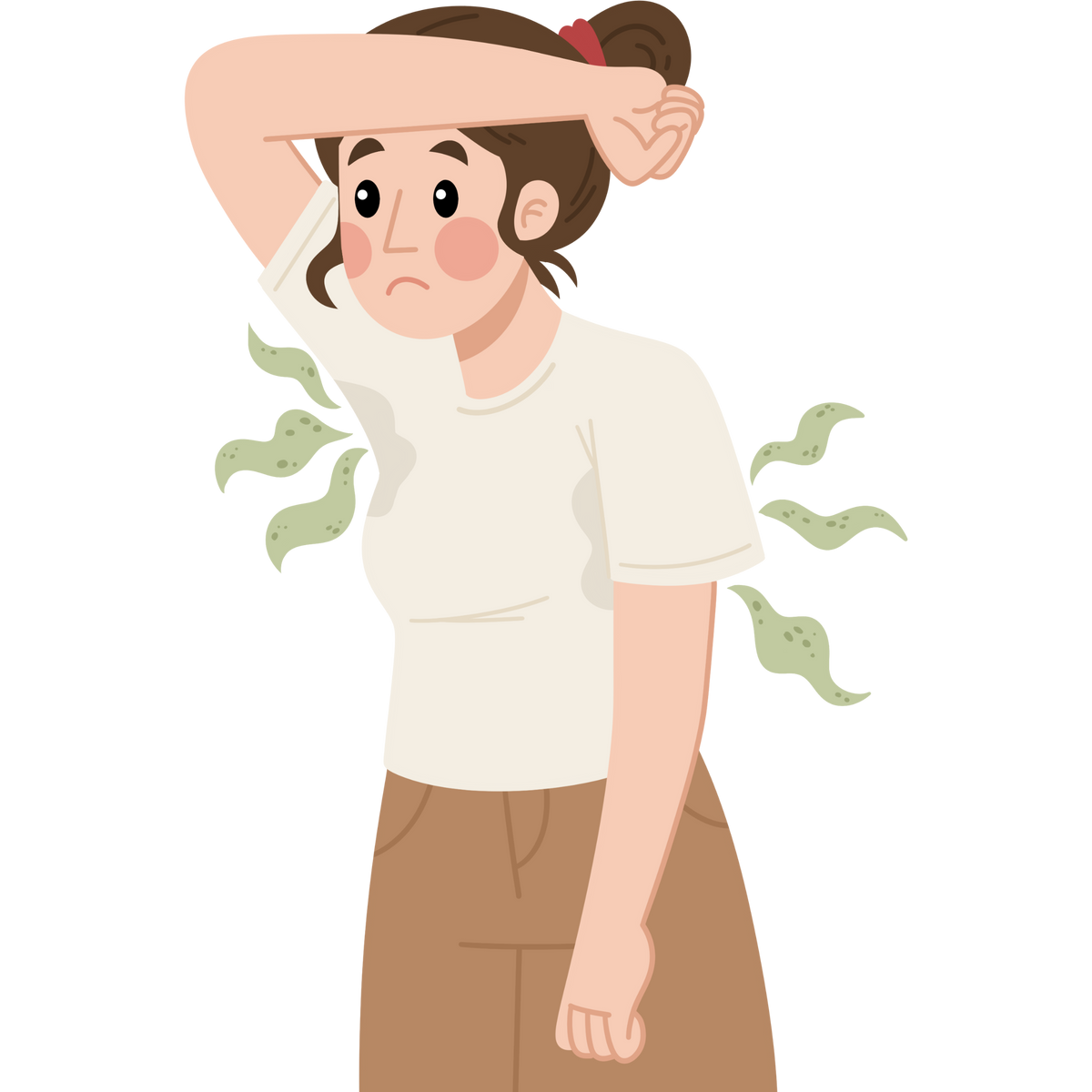 Illustration of a person sweating stench lines coming from their armpits on a white background