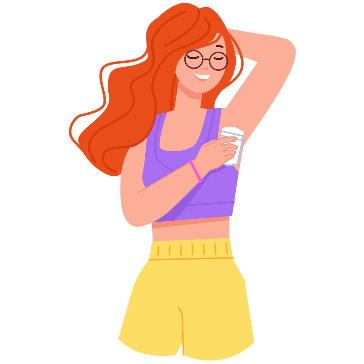 Illustration of a woman applying deodorant on a white background