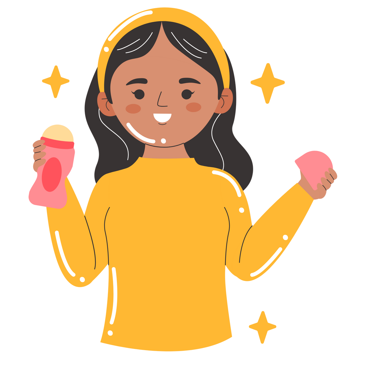 Illustration of a woman in a yellow outfit holding deodorant with stars around her on a white background