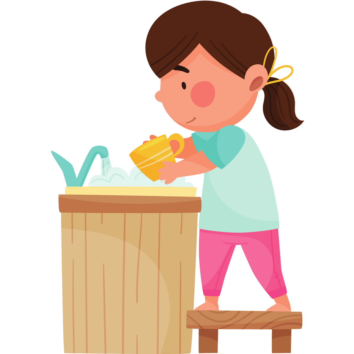 Illustration of a girl washing dishes at a wooden sink.