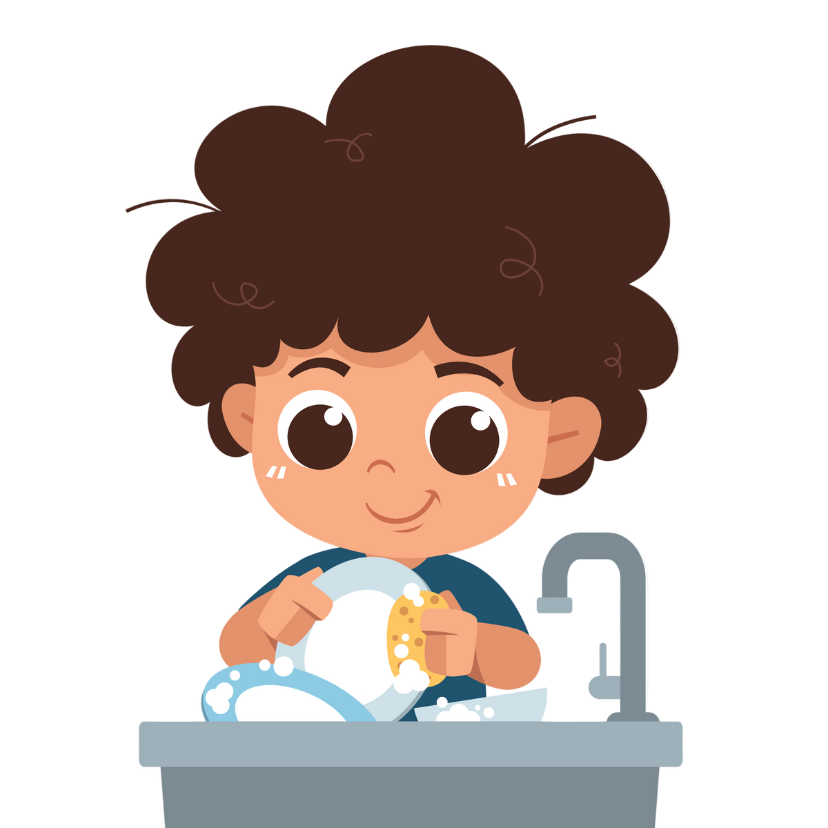 Illustration of a child washing dishes in a sink with a faucet.