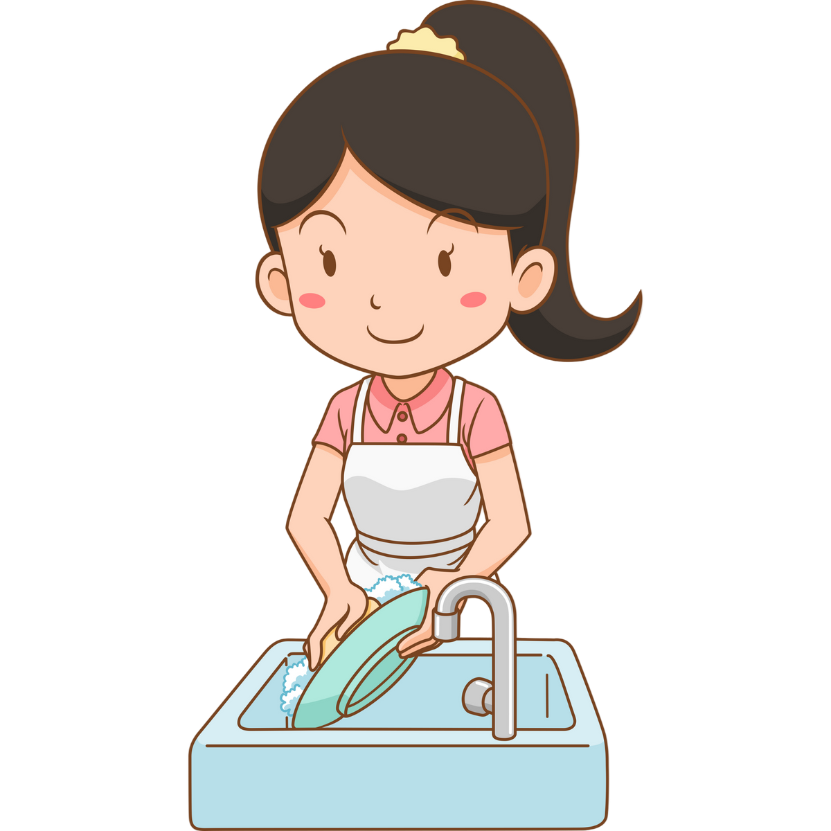 Illustration of a woman washing dishes in a sink on a white background