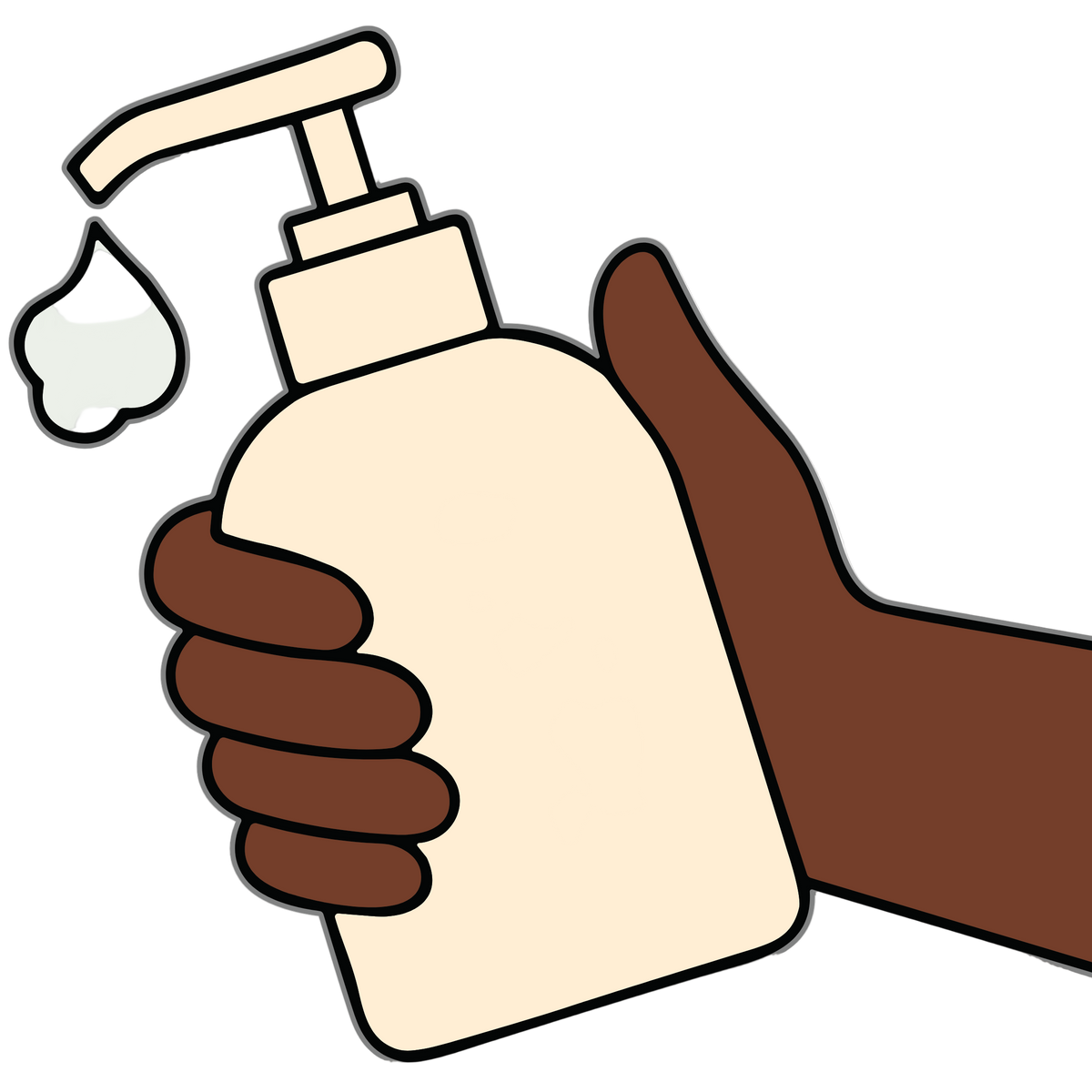 Hand holding a beige soap dispenser with a pump, on a white background