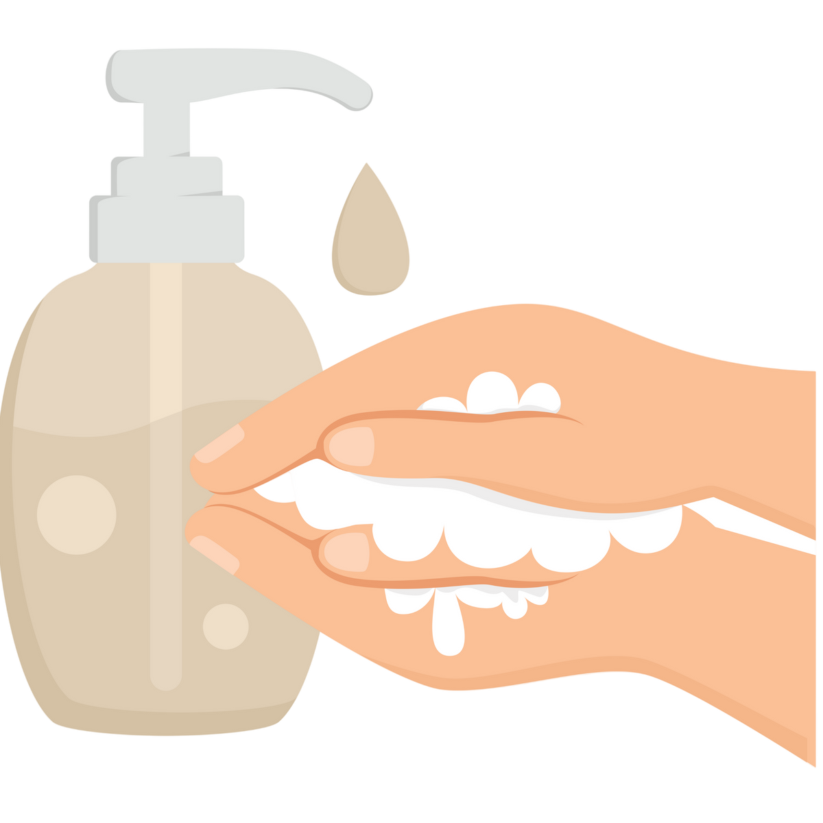 Illustration of a hand holding a soap dispenser with soap being applied to hands.