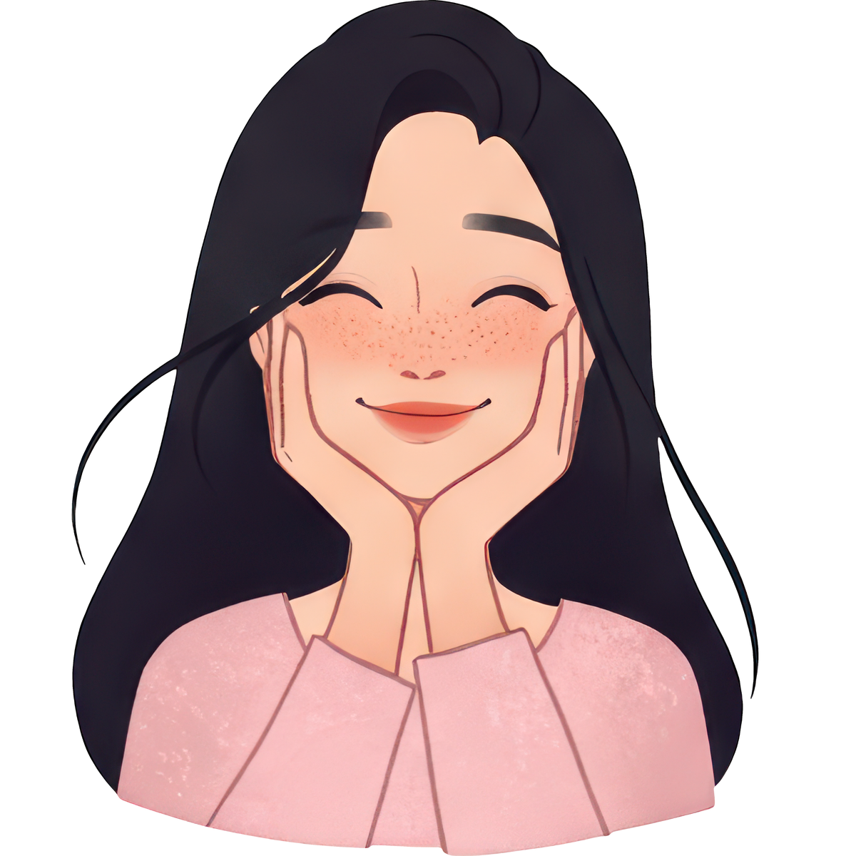 Illustration of a woman with long dark hair and a pink top on a white background
