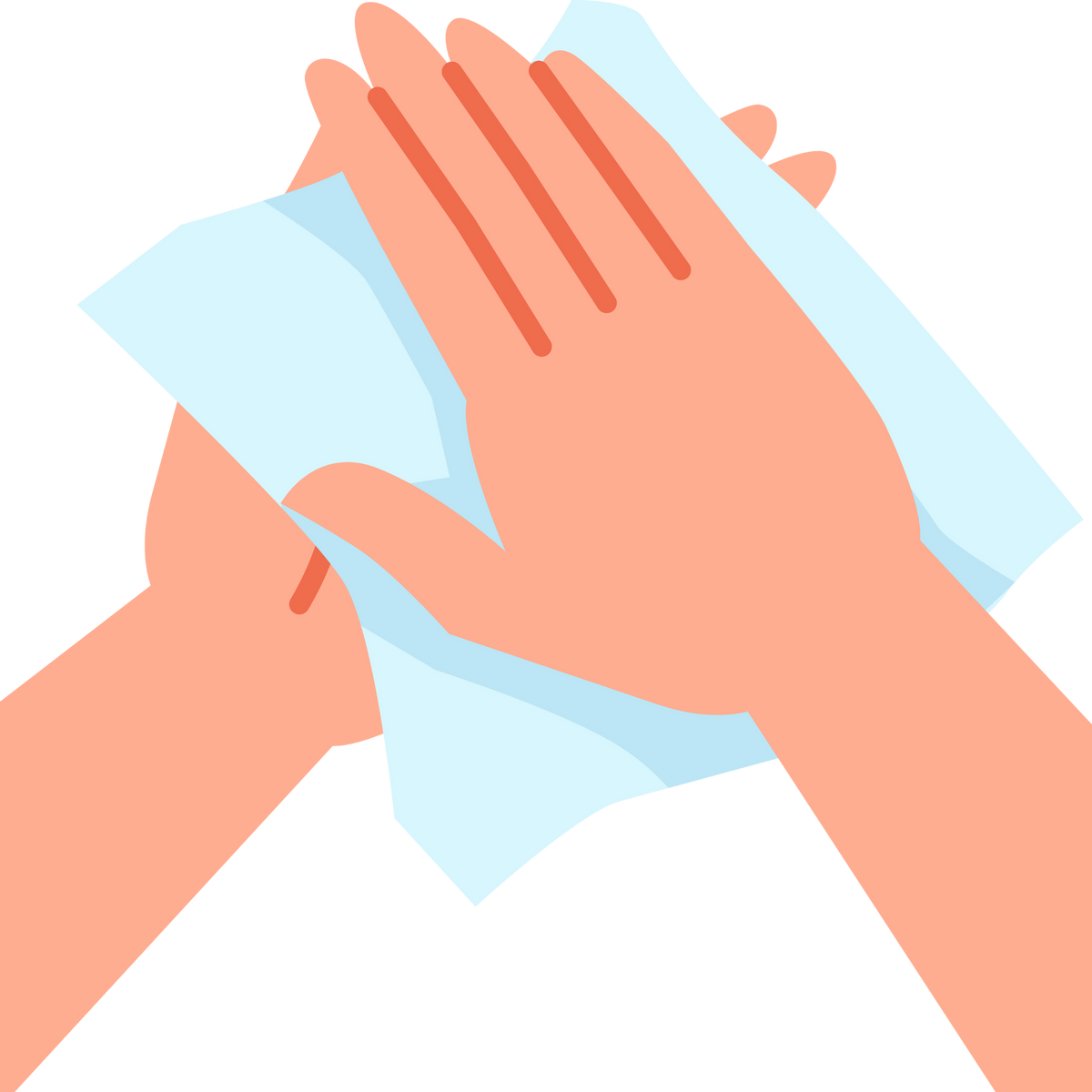 Illustration of hands cleaning with a blue cloth on a white background
