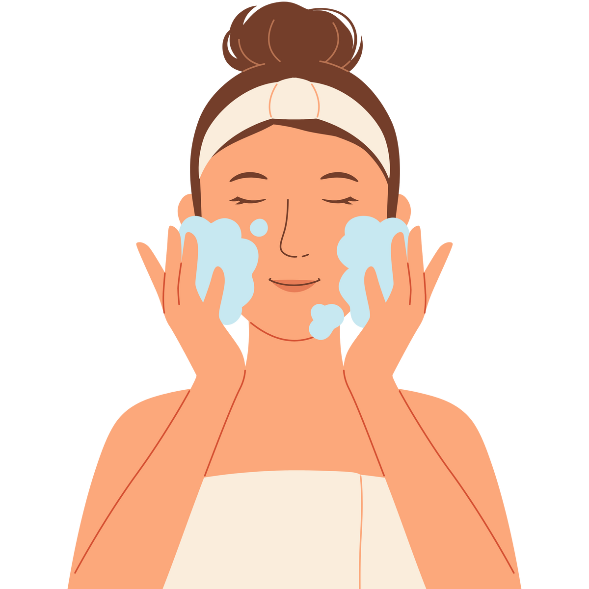 Illustration of a woman washing her face with soap bubbles on a white background