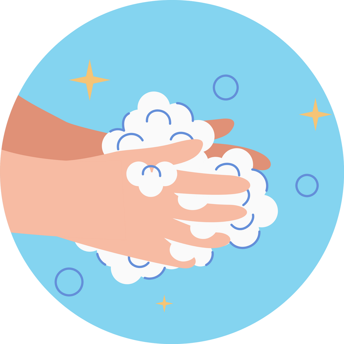 Illustration of hands with soap bubbles on a blue background