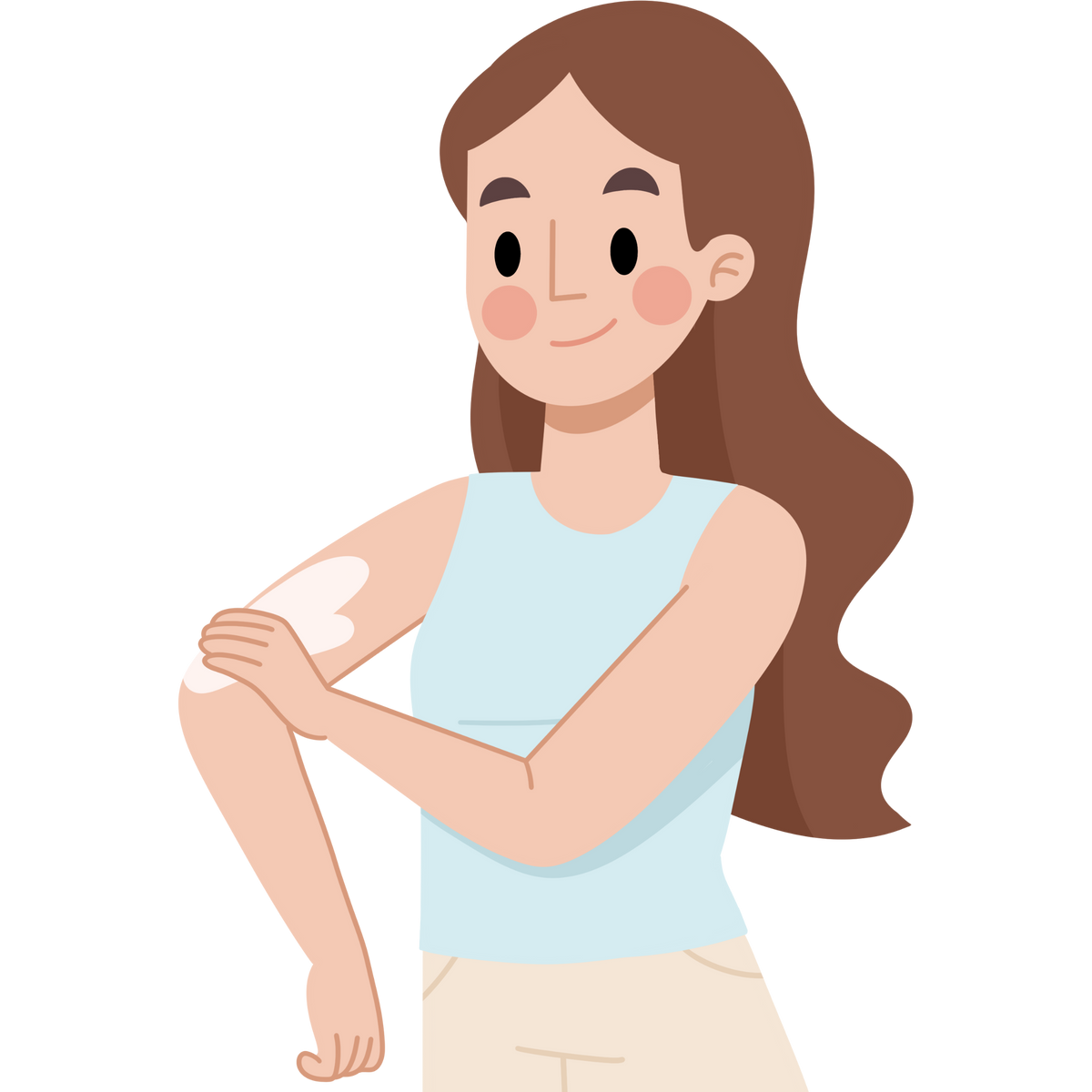 Illustration of a woman applying lotion to her arm on a white background