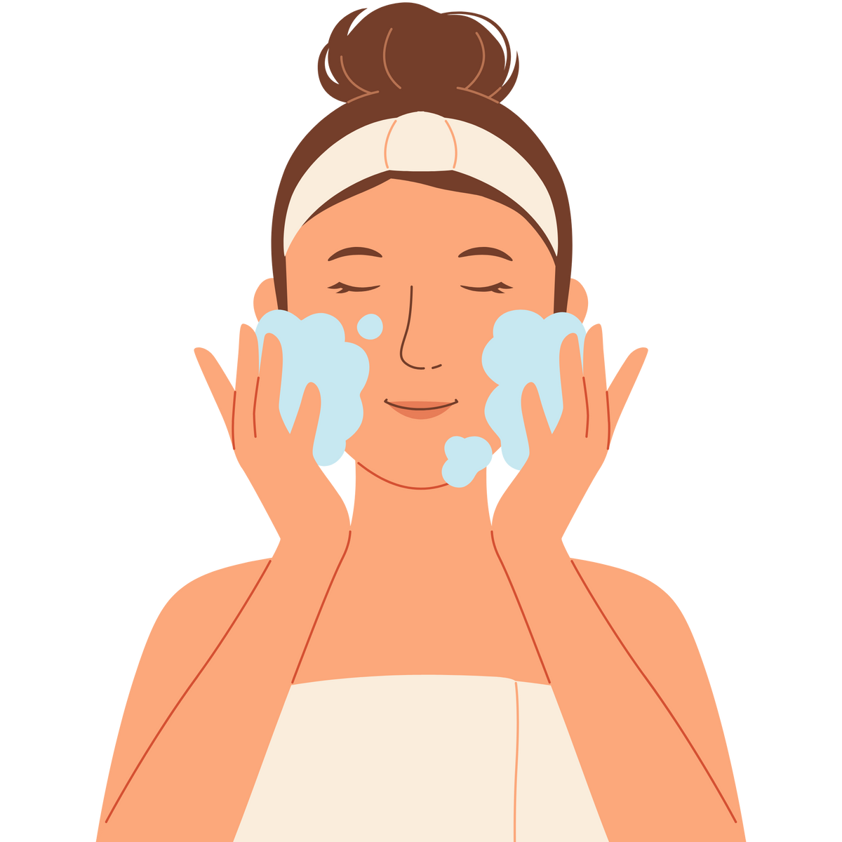 Illustration of a woman washing her face with soap bubbles on a white background