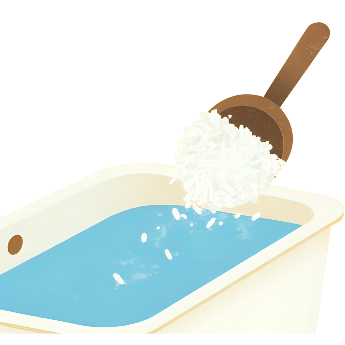 Illustration of a bathtub with water being poured in, using a wooden scoop.