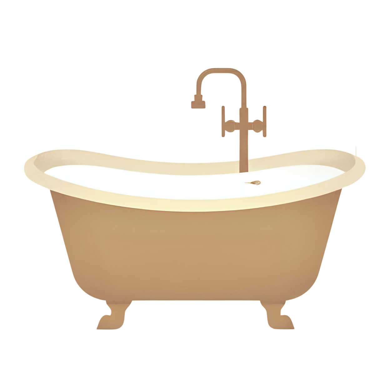 Beige freestanding bathtub with bronze faucet on a white background