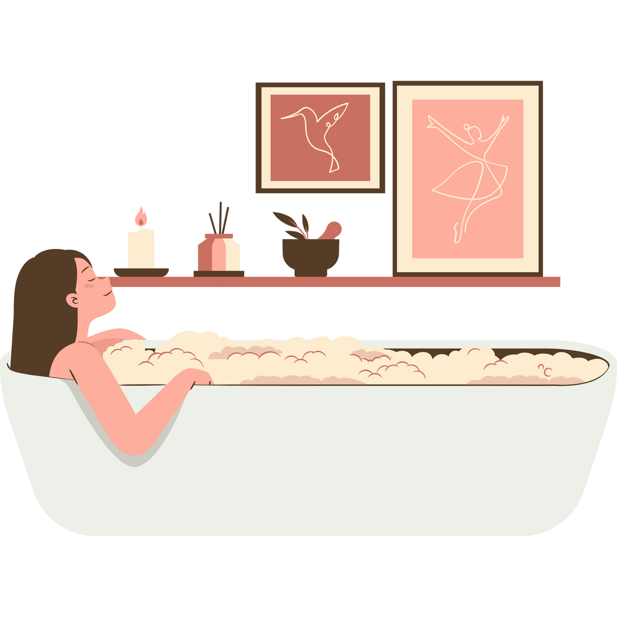 Illustration of a woman relaxing in a bubble bath with decorative elements on the wall.