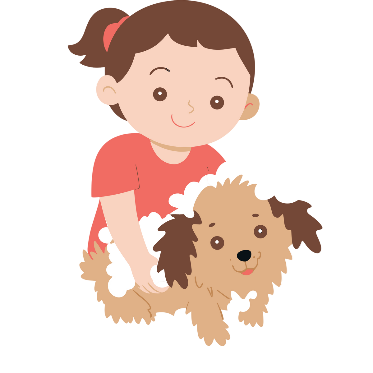 Illustration of a girl washing a dog on a white background