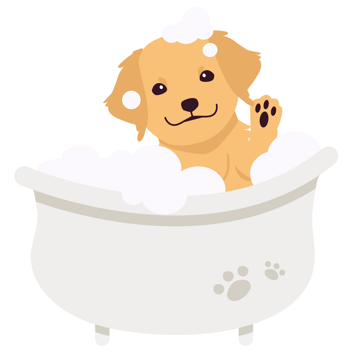 Illustration of a dog in a bathtub with bubbles on a white background