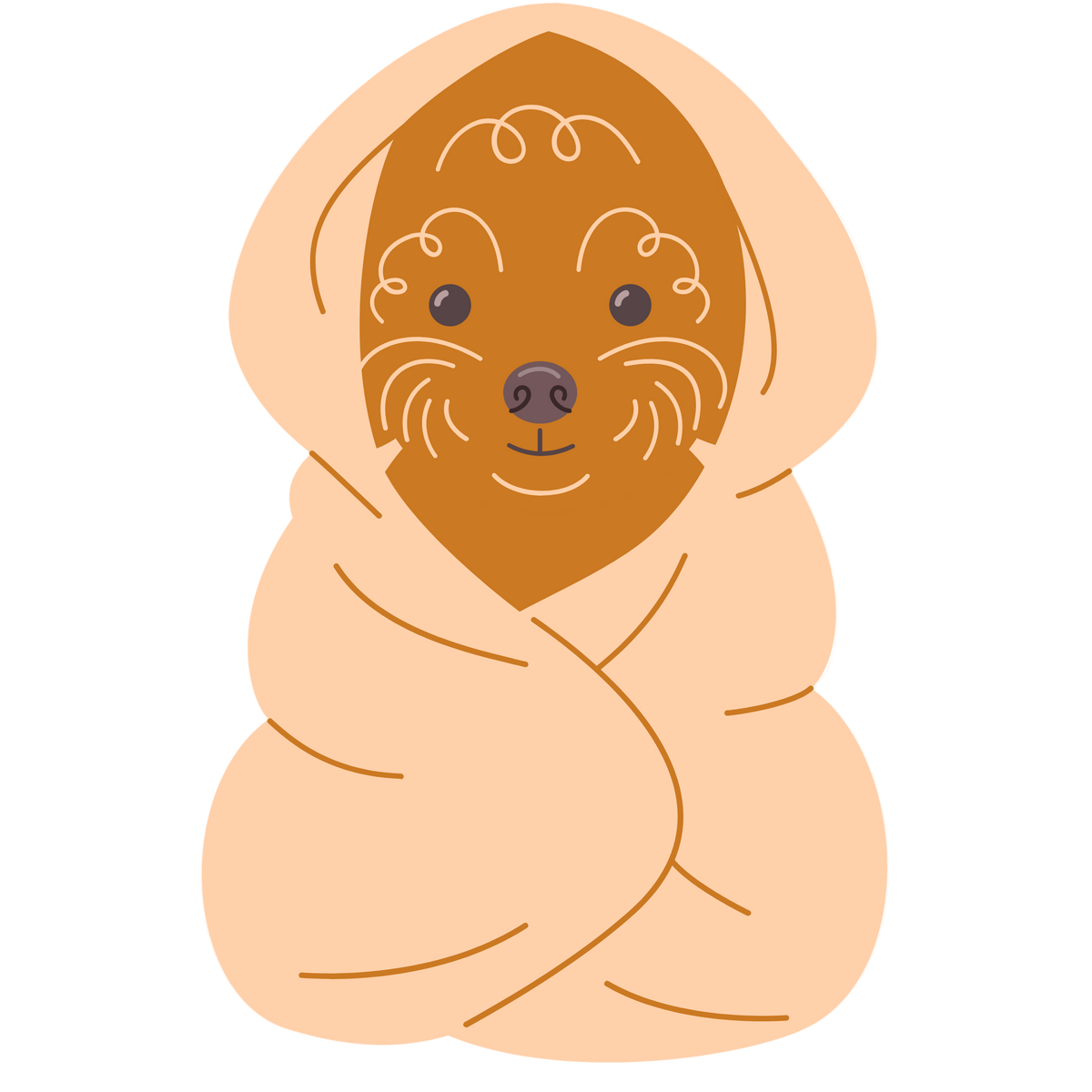 Illustration of a dog wrapped in a blanket on a white background