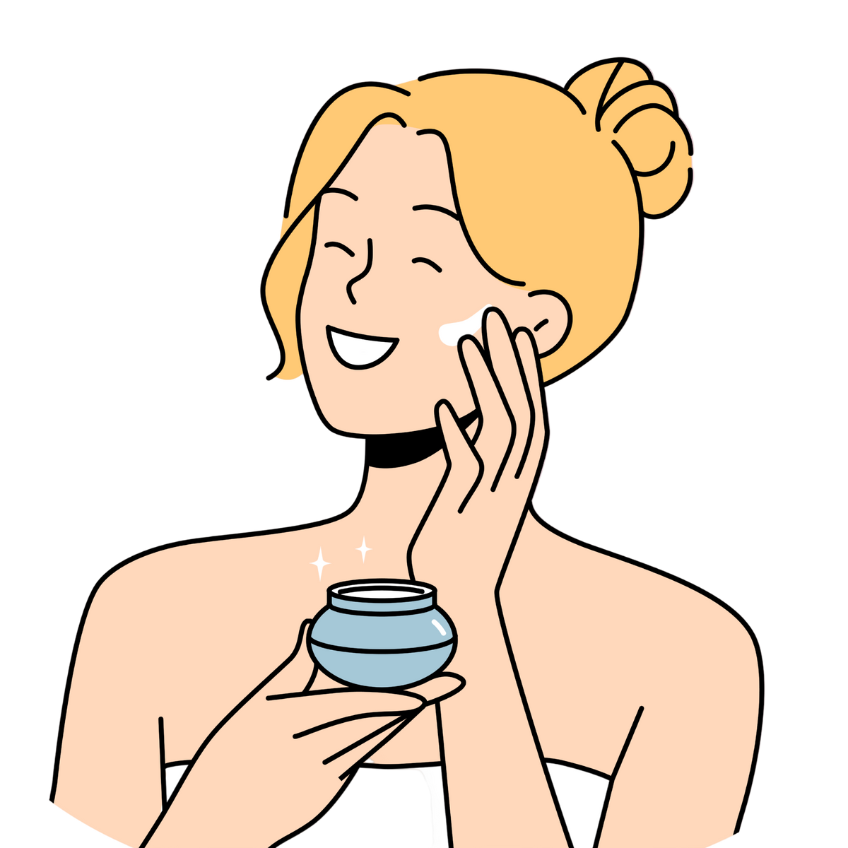 Illustration of a woman applying cream to her face with a pink background
