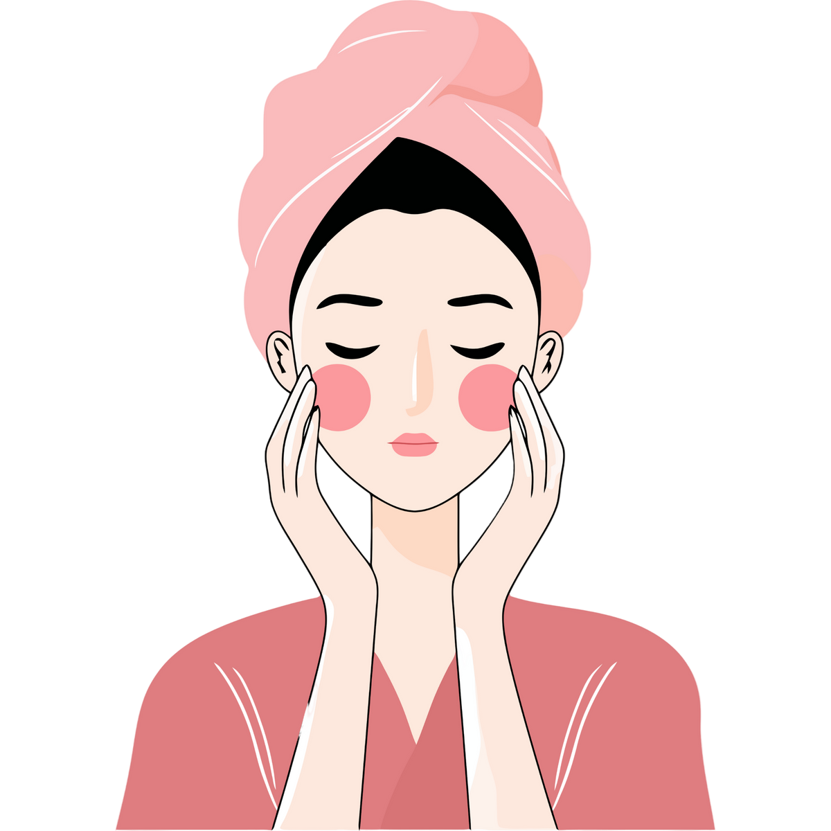 Illustration of a woman with a towel on her head, applying cream to her face.