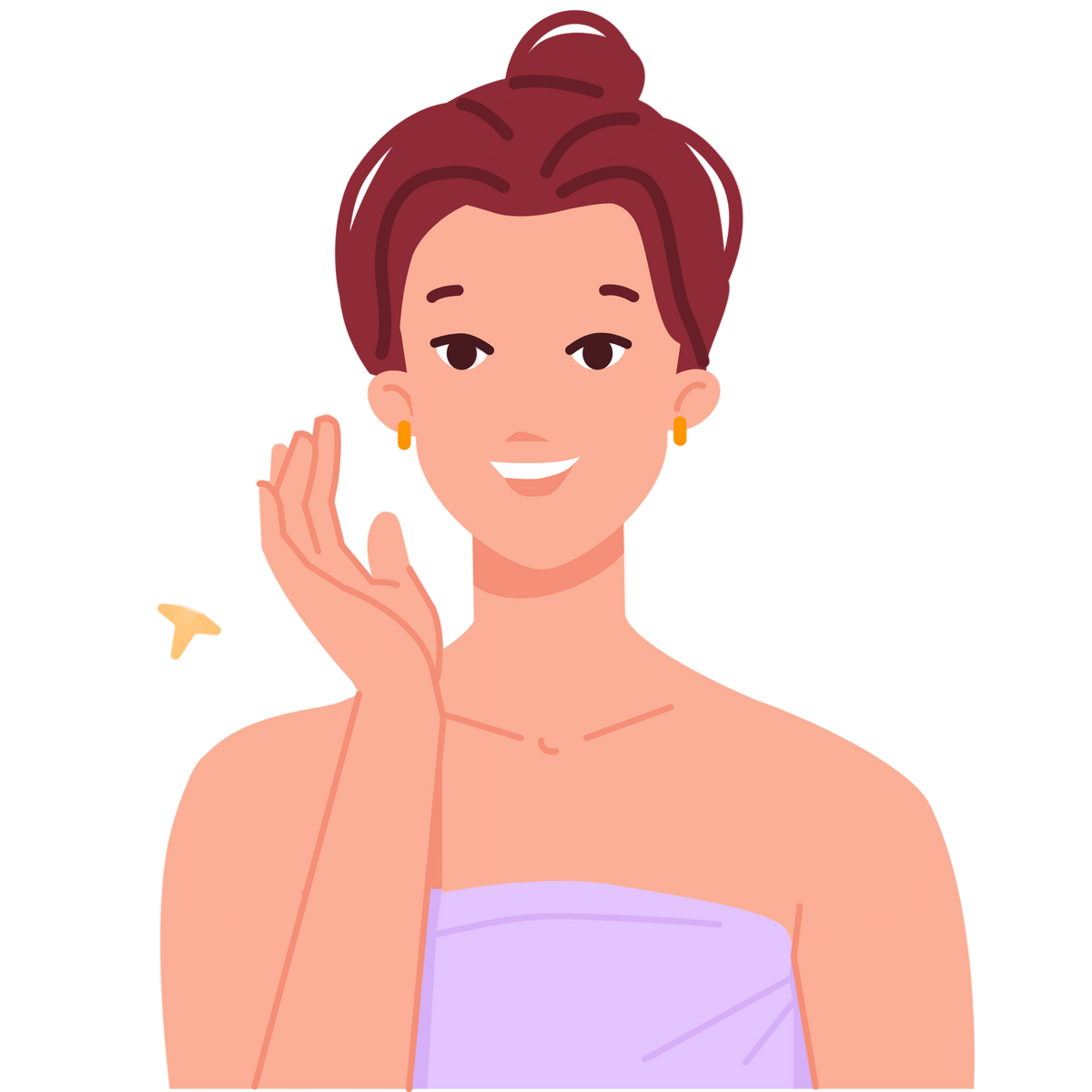 Illustration of a woman with a towel around her shoulders, touching her face 