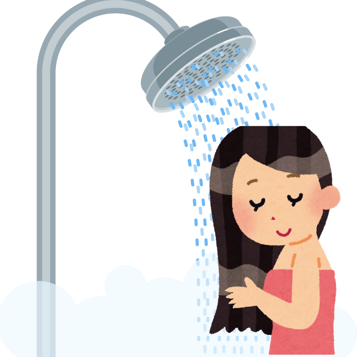 Illustration of a woman taking a shower with water droplets around her.