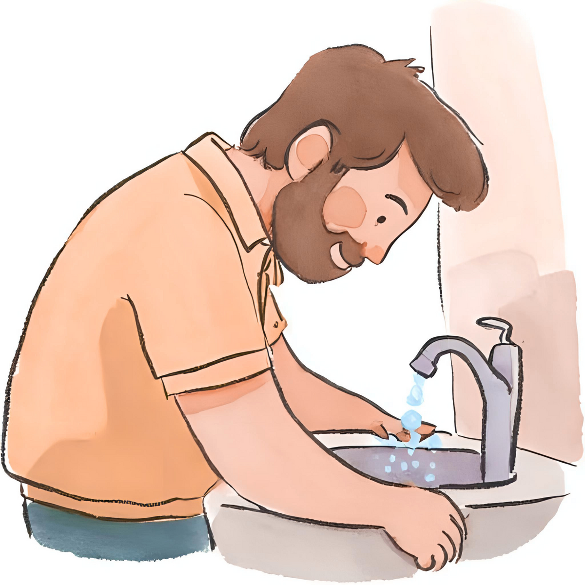 Illustration of a person washing hands under a faucet.
