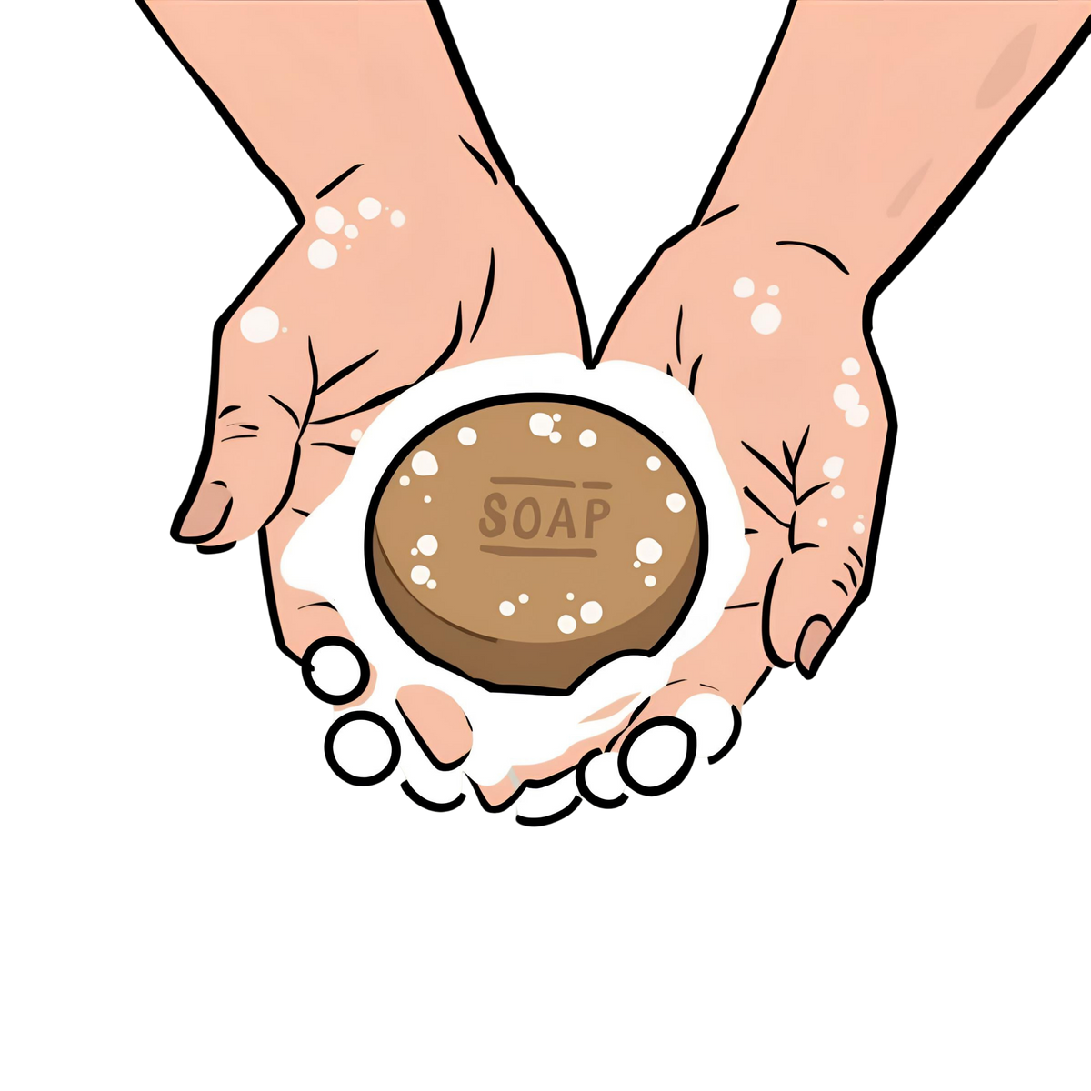 Illustration of hands holding a bar of soap with bubbles on a white background