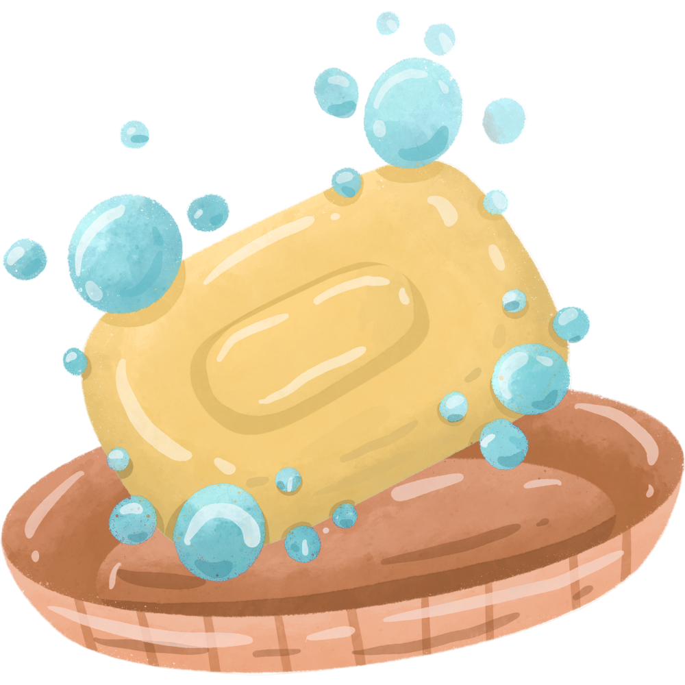Yellow bar of soap with blue bubbles 