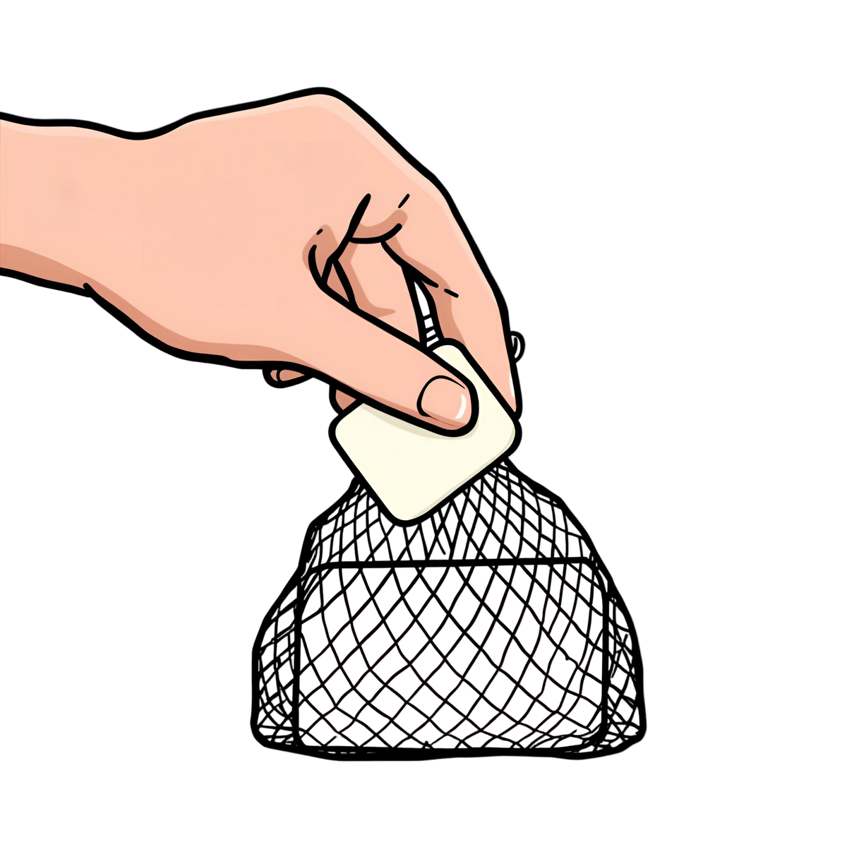 Illustration of a hand holding a bar of soap over a black mesh bag on a white background