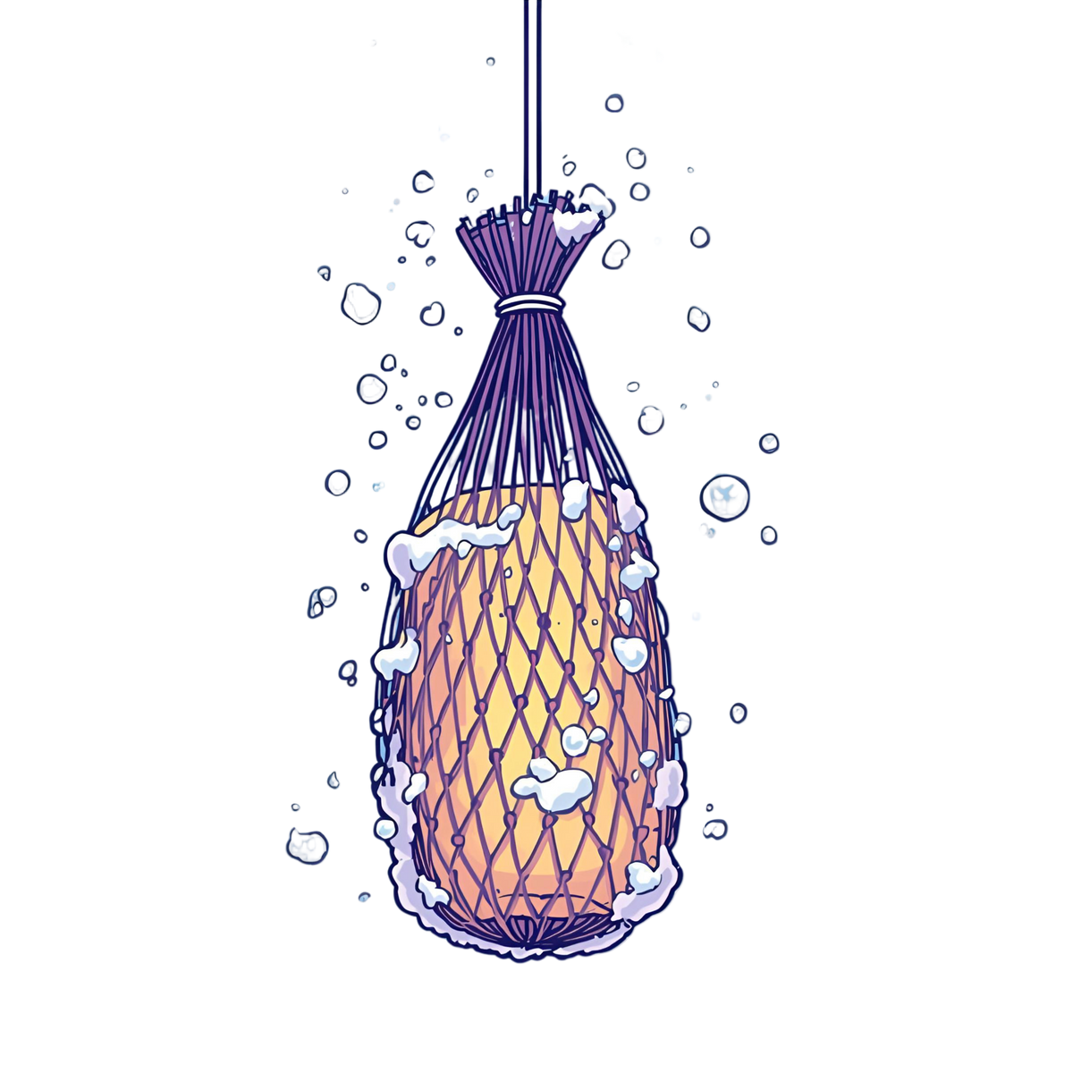 Illustration of a purple net filled with soap with bubbles and water droplets on a white background