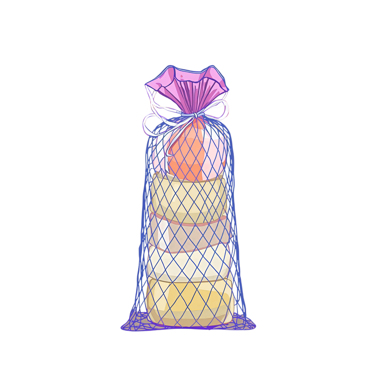 Stack of colorful layered soap bars in a purple mesh bag on a white background