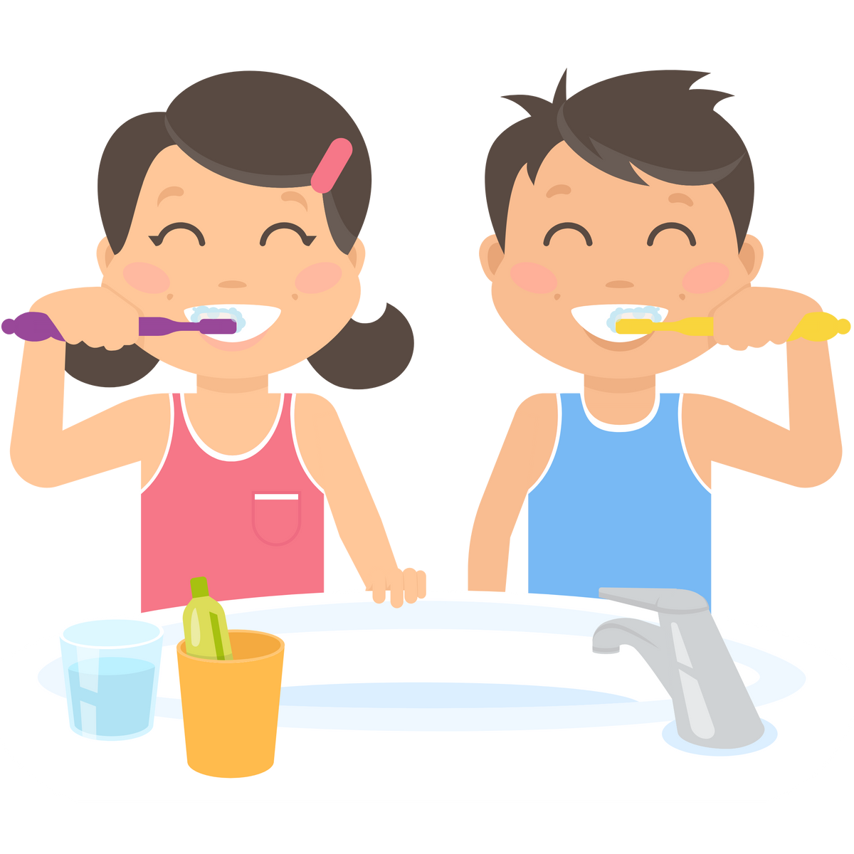 Illustration of two children brushing their teeth with a sink and toothbrushes in the foreground.