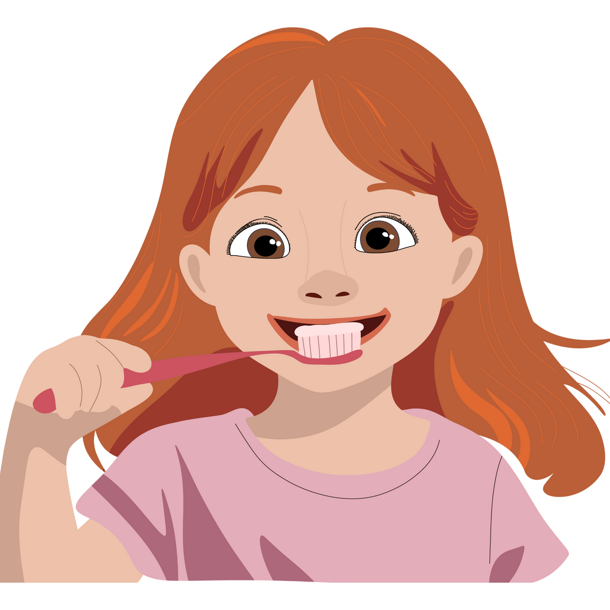 Illustration of a girl brushing her teeth with a pink toothbrush on a white background