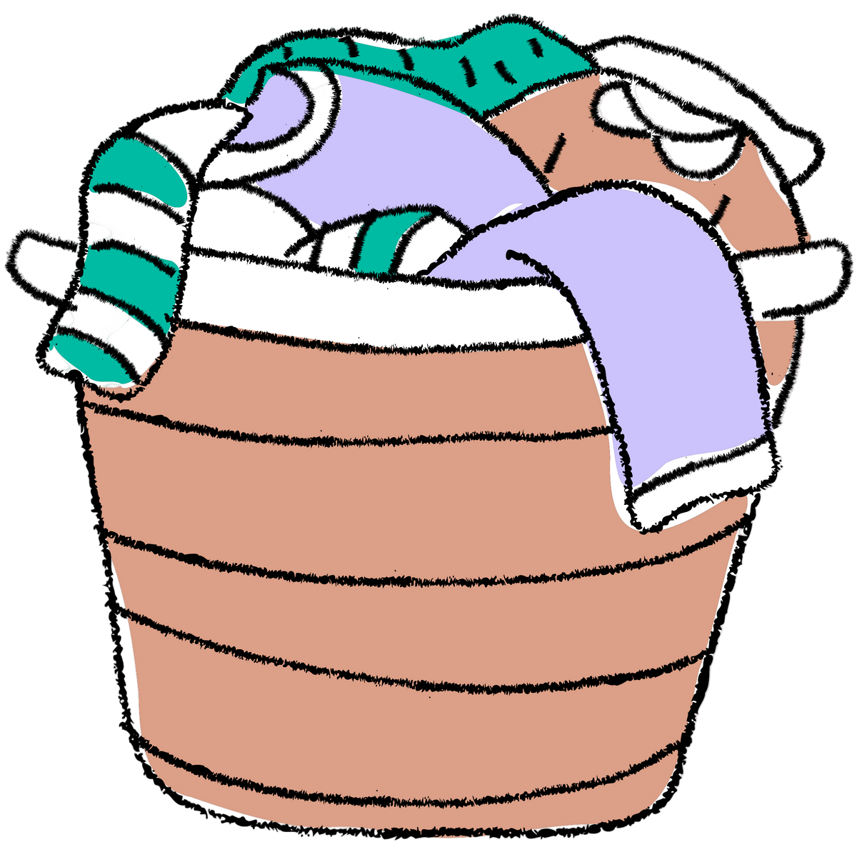 Cartoon illustration of a bucket filled with clothes on a white background