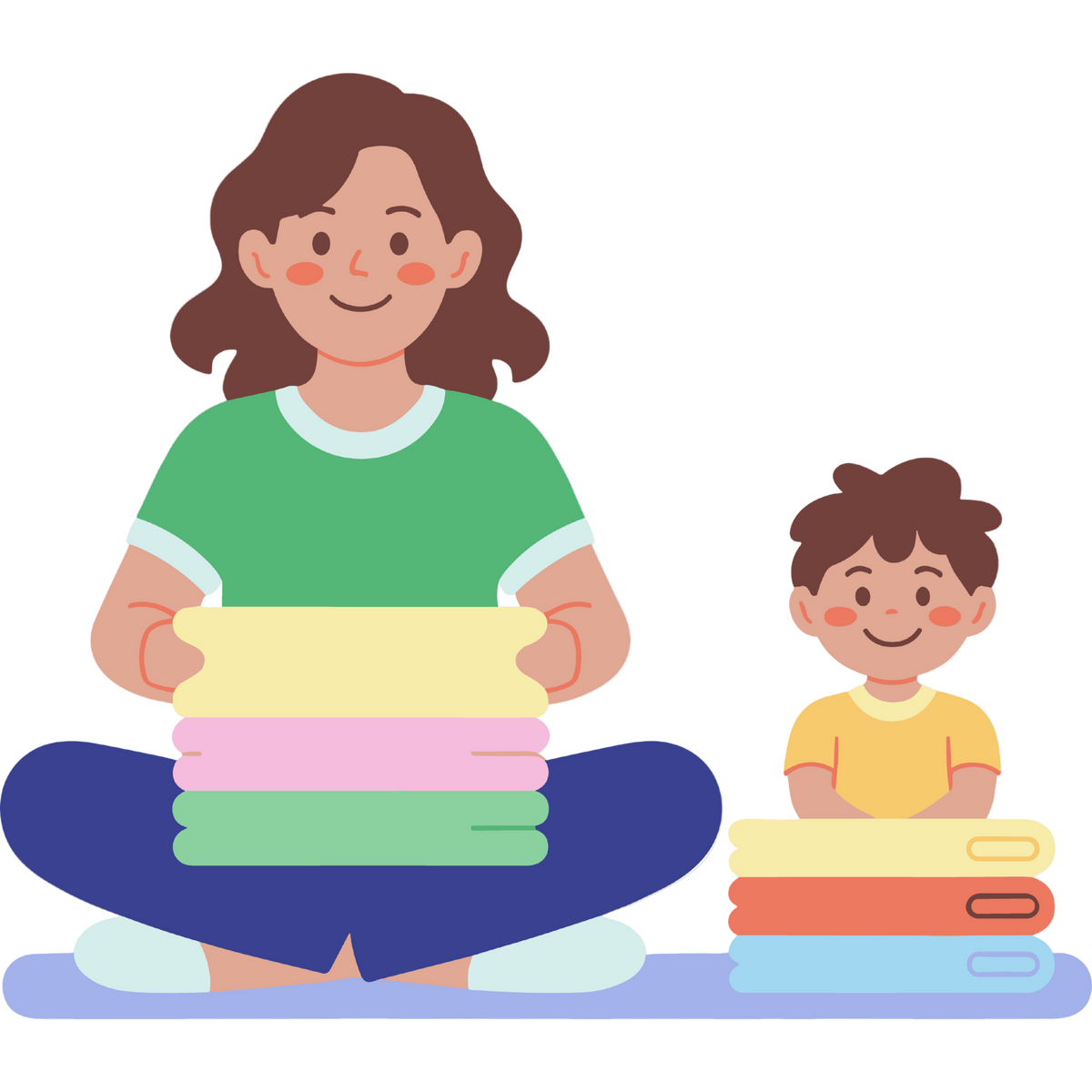 Illustration of a woman and a child folding clothes