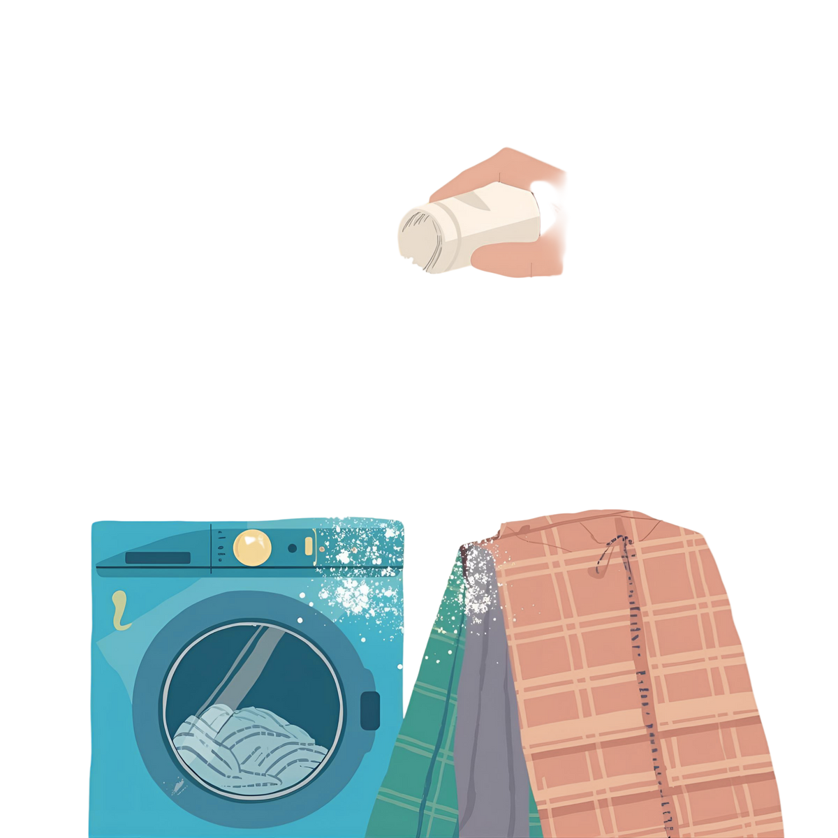 Illustration of a hand holding a bottle of laundry soap, a washing machine, and clothes on a white background