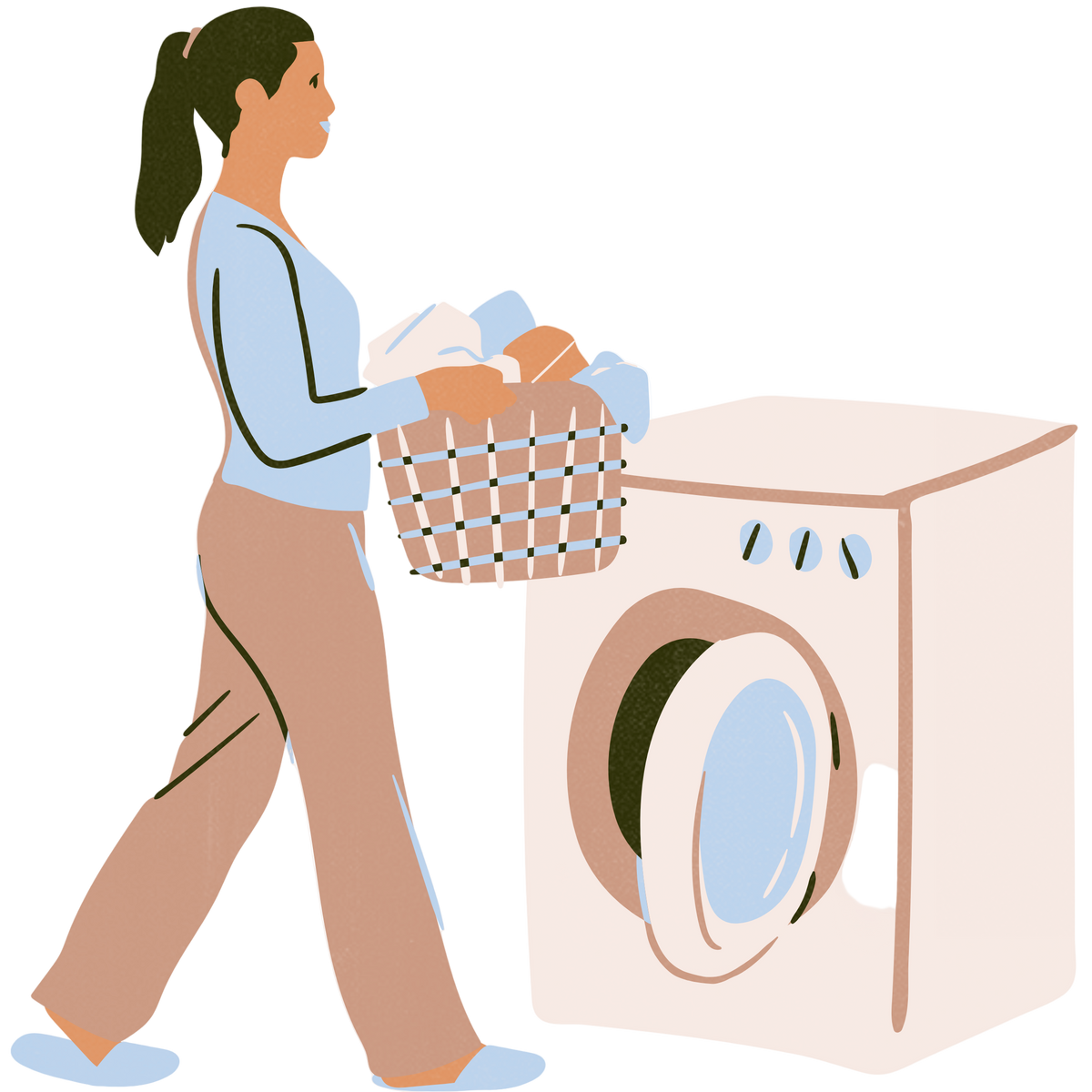 Illustration of a woman with laundry basket walking towards a washing machine.