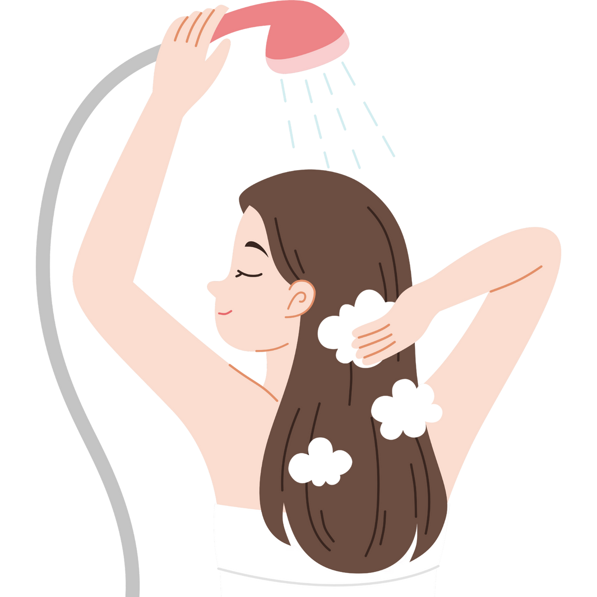 Illustration of a woman showering with shampoo on a white background