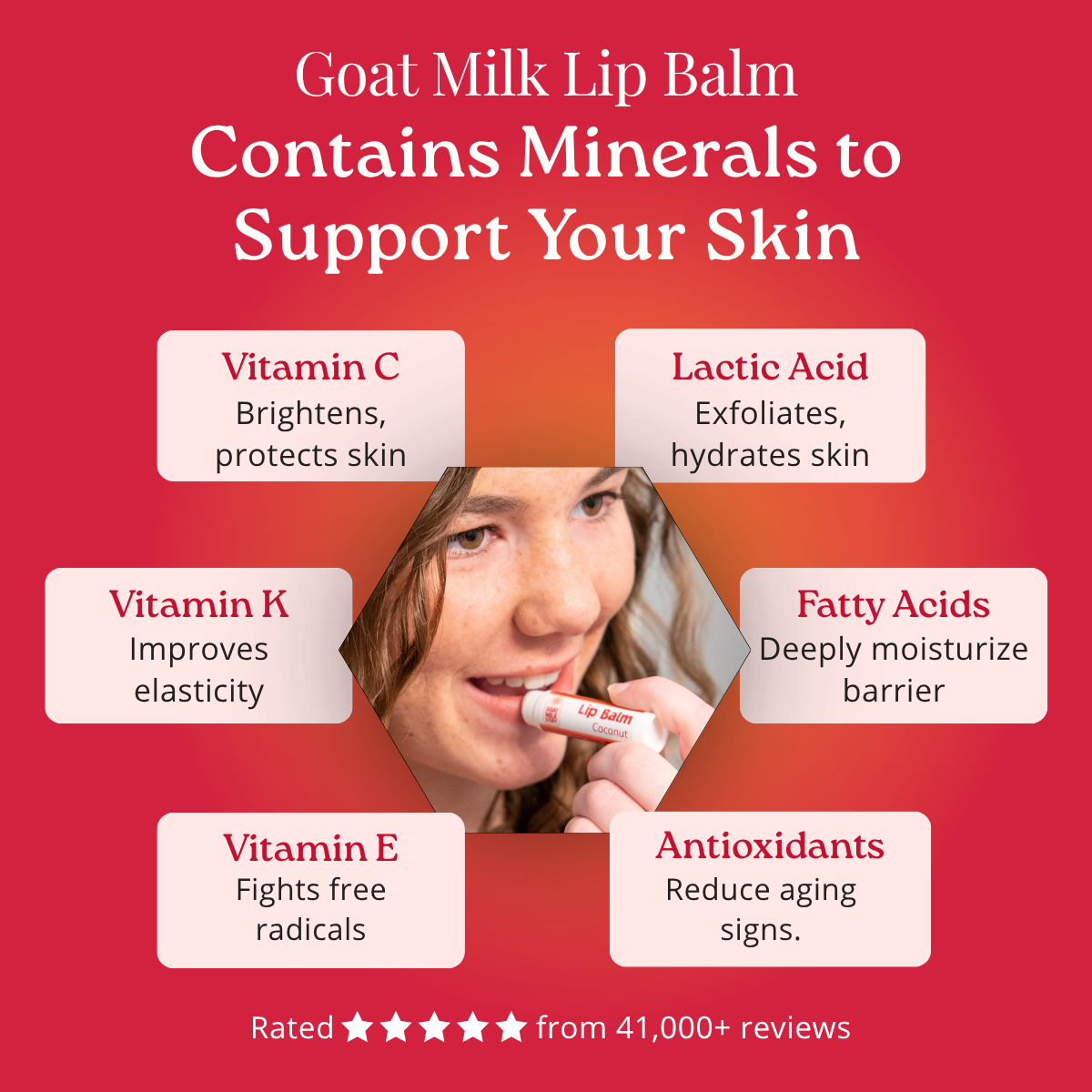 Goat milk lip balm with benefits listed on a red background